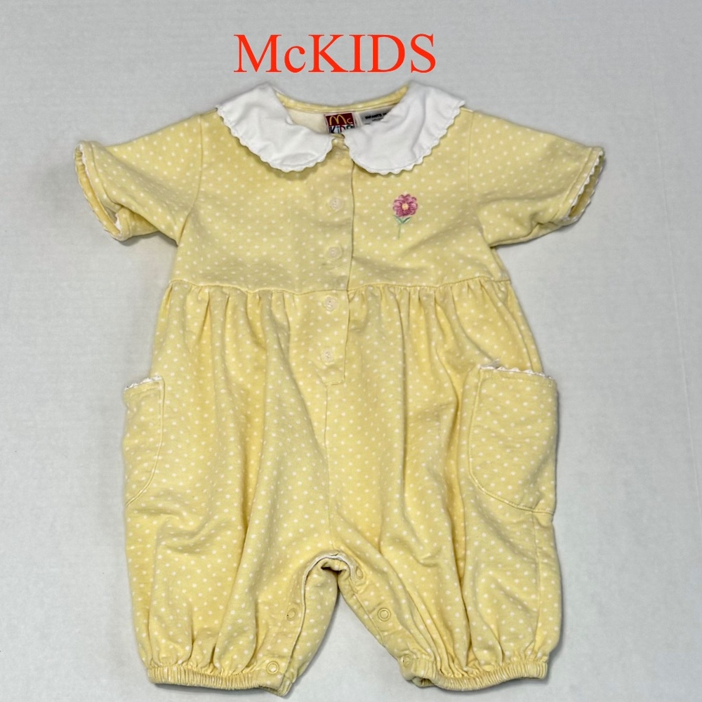Vtg McKids Baby Girl One Piece Romper/Yellow w/White Polka Dots/Collectable/18M